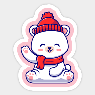 Cute Baby Polar Bear Winter Wearing Scarf Waving Hand  Cartoon Sticker